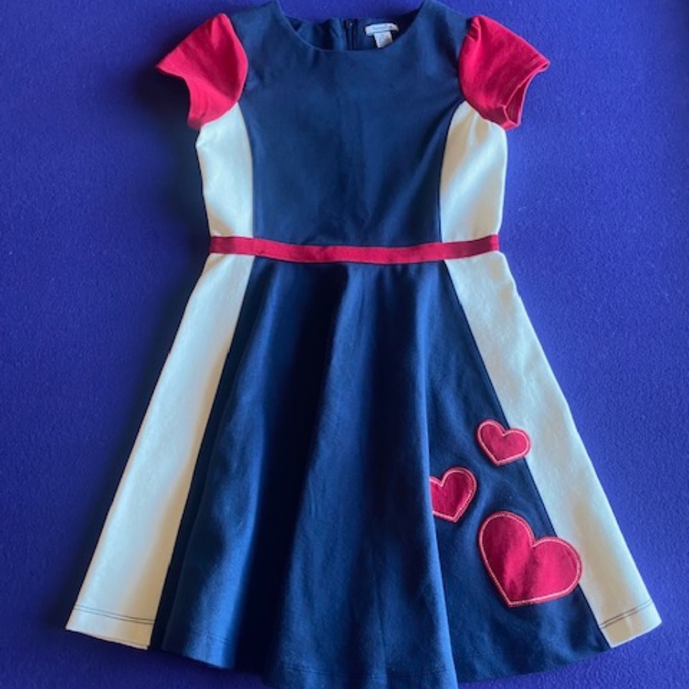Hartstrings Blue Red Heart Design Short Sleeve Dress Girls Size 10